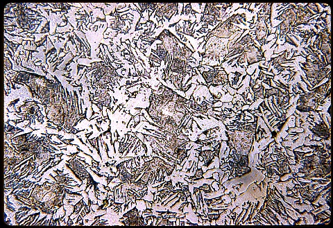 Heat treated carburized steel core at 500X etched